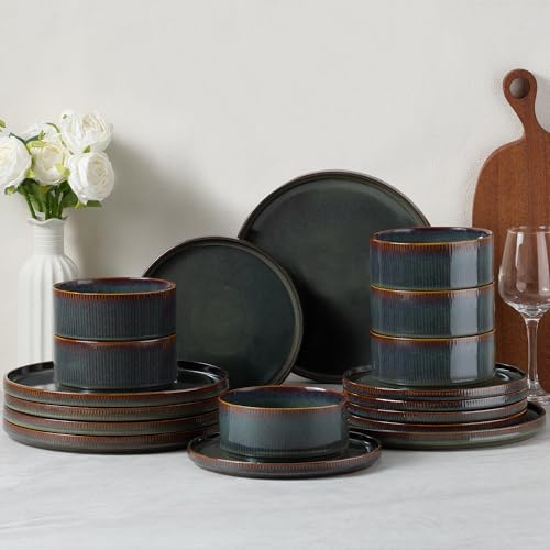 Image of E-far Stoneware Dinnerware Sets, 18-Pieces Modern Plates and Bowls Sets, Kitchen Dinning Porcelain Dishes Set for 6, Chip & Scratch Resistant, Dishwasher & Microwave Safe, Blackish Green
