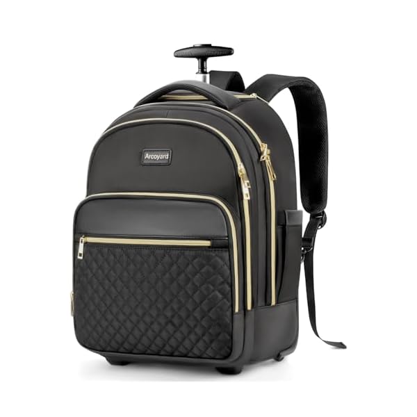 Arcoyard Rolling Backpack for Women, 15 inch Lightweight Wheeled Roller Laptop Backpack for Adults, Water Resistant Underseat Carry On Luggage Bag, TSA Friendly Anti Theft Business Gear, Black Gold