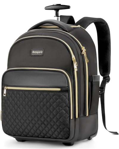 Arcoyard Rolling Backpack for Women, 15 inch Lightweight Wheeled Roller Laptop Backpack for Adults, Water Resistant Underseat Carry On Luggage Bag, TSA Friendly Anti Theft Business Gear, Black Gold