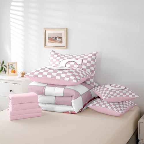 Image of Erosebridal Pink Initial C King Bed in A Bag 7 Piece Kawaii Plaid Checkered Comforter Set with Sheets Cute Personalized Monogram Bedding Sets for Kids Girls Teen Women,Fashion Grids Gingham Bed Set
