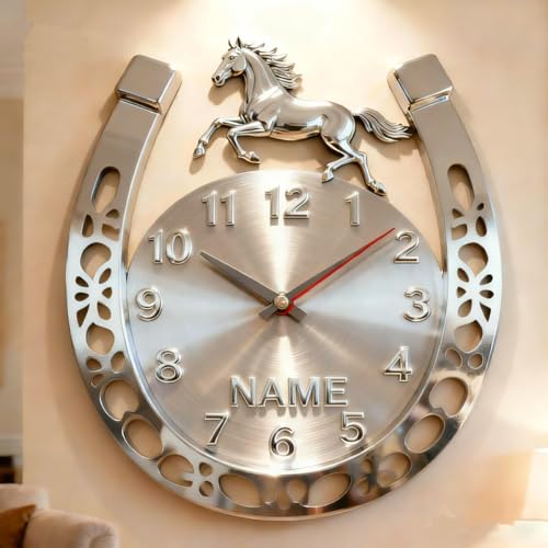 OOEREWGF Personnalisé Horseshoe nom Horloge Murale Cadeau pour Les Amoureux de Chevaux, 2D Impression Plate personnalisée Horseshoe en Forme de Style Horloge...