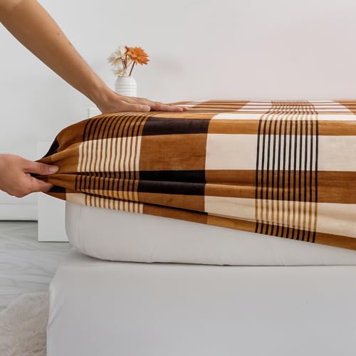 Image of VAS COLLECTIONS Luxury Warm Winter Elastic Fitted Bedsheet with 2 Pillow Covers - Ultra Soft Flannel Velvet Touch, Cozy & Wrinklefree lintfree Size - 78x72+10 Inches (Brown & Beige)