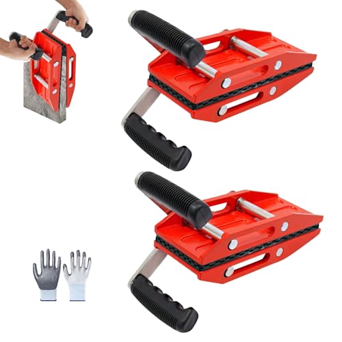 2PCS Double Handed Stone Carrying Clamps with Gloves, 0-50mm Granite Panel Carriers Lifter Tools, 200kg Loaded, Heavy Duty Lifting Tools with Rubber Grip for Glass Stone Slabs Marble