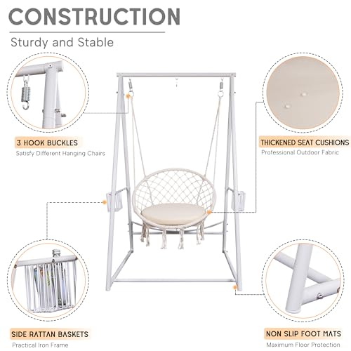 Macrame Hammock Swing Chair with Cushion and Reinforced Solid Structure Hanging Stand - Included 2 Storage Baskets and 3 Hooks for Indoor Outdoor Patio Garden Balcony (Milk White)