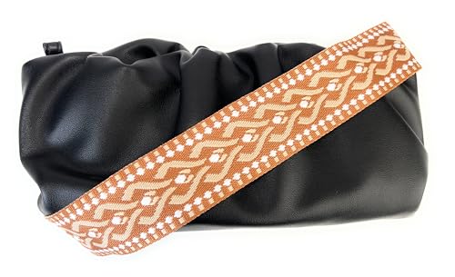 Image of Brown Beige Geometric Jacquard Purse Strap with Light Gold Hardware 2 Inch Wide Replacement Crossbody Guitar Style Shoulder Strap for Handbags Totes