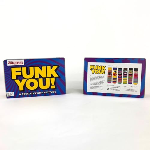 United Oddsocks Funk You Men's Odd Socks Gift Box – 6 Colourful Mismatched Funky Striped Socks with Faces – UK 6–11, EUR 39–46, US 7–12 – Funny Birthday, Bold Novelty Socks for Men, Friends & Family