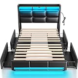 Rolanstar Twin Size Bed Frame with LED Lights and Charging Station, PU Leather Bed Storage Headboard & Drawers, Heavy Duty Wood Slats, Easy Assembly, Black