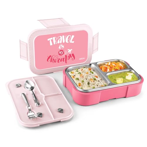 Image of MILTON Bravo 3 Inner Stainless Steel Tiffin Box for School, 3 Partition, Steam Release Plug| PU Insulated, Leak-Proof, Food Grade I Lunch Box for Kids Boys, Girls with Snap Lock Lid, 600 ml, Pink