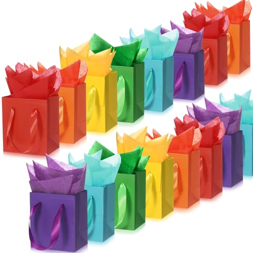 Tenare 12 Pcs Small Gift Bags Mini Paper Bags Bulk Tiny with Handle Tissue for Jewelry Gift Wrapping Summer Birthday Baby Shower Back to School Party Supply(4 * 2.75 * 4.5inch Rainbow)