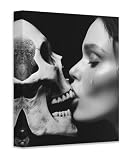 Last Kiss - Undying Love - Woman Kissing Skull Dark Art-18x24 Canvas Poster - Black & White Photo, Macabre Photography, Surrealism, Bizarre, Dark Academia, Halloween Horror Decor, Gothic & Occult Fans