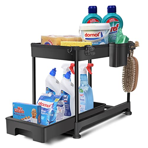 Under Sink Organizer And Storage, 2 Tier Under Cabinet Storage Pull Out Under Sink Shelf, Sliding Under Counter Organizer For Kitchen Bathroom Organization With Storage Basket And Hooks #TOP13