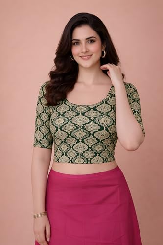 Image of Amazon Brand - Anarva Women's Kalamkari Print Cotton Stretchable Round Neck Readymade Saree Blouse