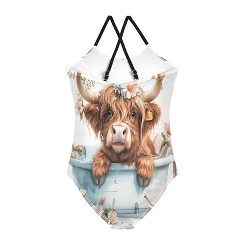 Bathtub Highland Cow Kids Swim Suits 3-10T Summer Swimsuits Girls, Beach Apparel2