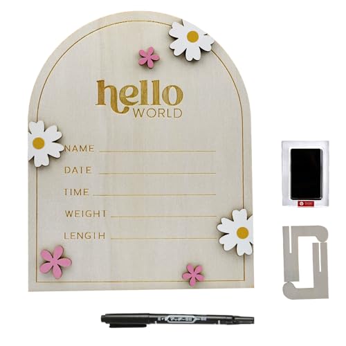 Image of iEvolve Baby Announcement Sign Hello World Wooden Birth Name Sign Welcome Baby Newborn Board Butterflies and White Flowers Nursery Decor for Baby Girls Boys (WhiteDaisy)