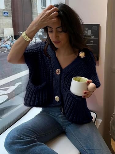 Image of VNIRA Womens Fashion Casual Chunky Sweater Vest Sleeveless Button Down Knit Crop Top Open Front Cardigan with Pockets Navy L