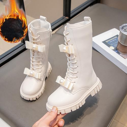 Girls Fur Lined Riding Boots Pearls Lace Up Mid Calf Combat Boots Leather Side Zipper Winter Warm Lug Sole Boot2
