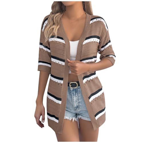 Women's Fall Open Front Cardigan Stripe Long Sleeve Hollow Out Knit Sweater Loose Fashion Outerwear Coats Coffee