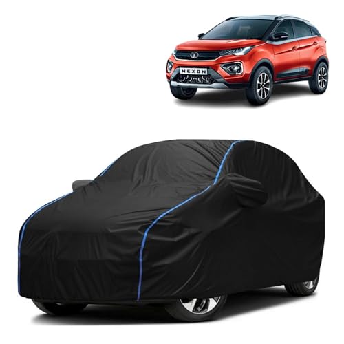 Image of Kerwa Car Body Cover Waterproof Compatible with TATA Nexon | Scratch Proof, Anti-Dust, UV Protection with Windproof Buckle Strap and Mirror Pockets, Bottom Elastic Fitted-Black
