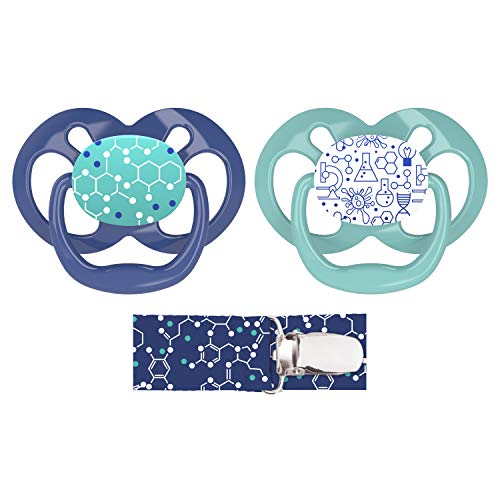 Image of Dr. Brown's Advantage 100% Silicone Baby Paci Symmetrical Soother, 6-18m, BPA Free, Blue, 2 Pack + Clip