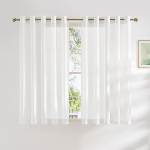 NICETOWN White Linen Sheer Bedroom Curtains 63 inch Length, Grommet Linen Textured Semi Sheer Privacy Window Treatments Light Filtering for Kids Room, W62 x L63, Set of 2