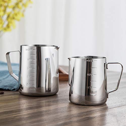BESTonZON Taza de leche de acero inoxidable, jarra de leche Handheld café jarra de leche arte con marca de medición… - Imagen 6