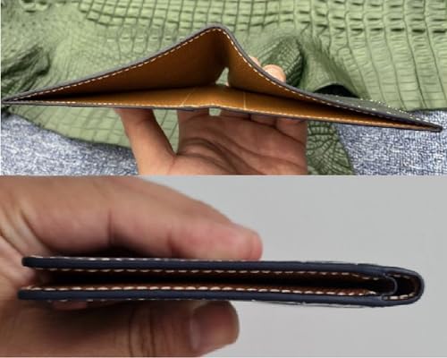 Image of Navy Blue Leather Slim Bifold Wallet Gift Men Hand Stitching Luxury Large Capacity Credit Card Holder Premium Security Wallet RFID Blocking Anti Theft Handmade By Vietnamese VINAM-88