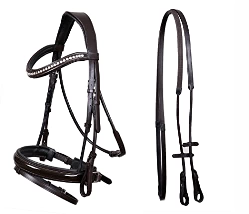 CHALLENGER Horse English All-Purpose Trail Pleasure Padded Leather Crystal Browband Bridle with Buckle Reins 803HI32BR-F