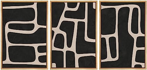 NWT Framed Canvas Print Wall Art Set Black & White Mid-Century Polygon Pattern Abstract Shapes Geometric Illustrations Modern Art Decorative Minimalist Cozy/Relax for Bedroom - 16"x24"x3 Natural