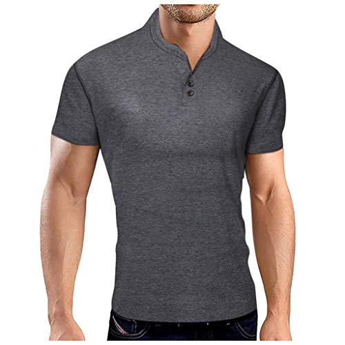 Allywit-Mens Casual Slim Fit Basic Henley Short Sleeve Fashion Summer Button Down T-Shirt Gray
