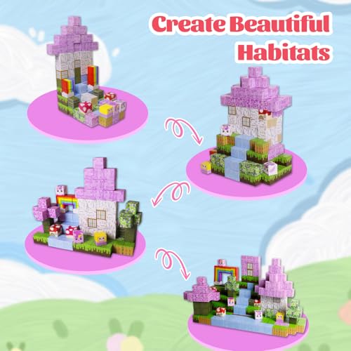 Magnetic Blocks - 100 PCS Magnet Block Stacking Sensory STEM Outdoor Game for 3+ Years Old Boys&Girls Children Birthday Easter Gift, 3D Tiles Construction Weekends Toy Set, Castles and Rainbow