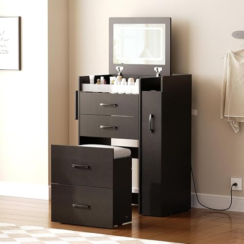 Herture Small Vanity Desk Compact Vanity Set with Power Outlet 3 in 1 Makeup Vanity with Lights with 3 Modes Lighting Plip Mirror Sliding Cabinet Storage Stool Dressing Table Black Vanity PT01DTH