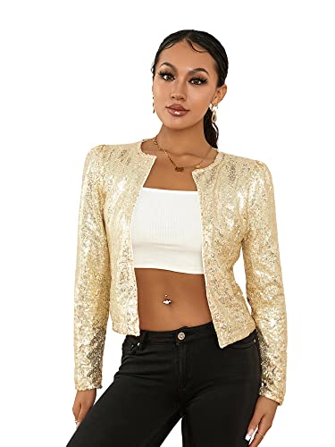 Miucchy Femme Sexy Boléro à Paillettes en Sequins Veste en Blazer Glitzer Manches Longues Cardigan Court pour la Fête, doré, S