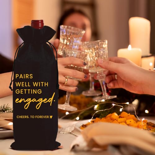 Image of Engaged Engagement Gifts for Couples Her Engagement Party Decorations | Bridal Shower Decorations Wine Bag Cheers To Forever Wine Accessory Sets - Black