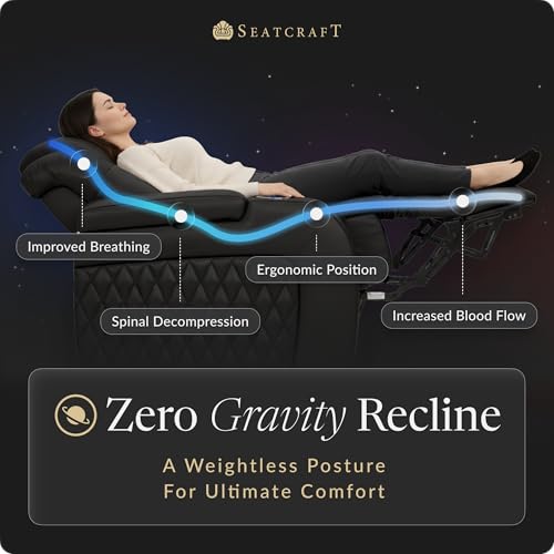 Image of Seatcraft Diamante Black Italian Leather Home Theater Seating, Zero Gravity Power Recliner Gaming and Home Office Chair, Powered Headrest Lounge Sofa Furniture for Cinema Room, Row of 5 Sofa