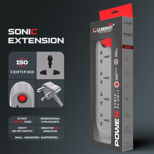 Image of Sonic 15 Foot 4-Socket Extension Board - 10A 240V with Wall Hanging | Heavy-Duty Thick Copper Cord Power Strip, Multi-Plug Extension Box & Spike Guard