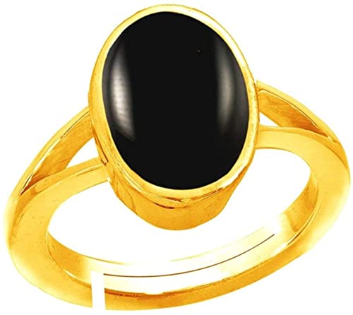 CLEVIO Anillo ajustable Hakik negro natural 100% certificado de 4,25 ratti / 3,45 quilates (chapado en oro Hakik sulemani, 100% piedra preciosa certificada por laboratorio (Top Aaa+), calidad para