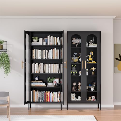Zonleson 180-1 71 Inch Tall Glass Display Cabinet,Curio Display Cabinet With 4 Adjustable Shelves,Metal Storage Cabinet With Glass Doors,Black Bookcase thumb #1