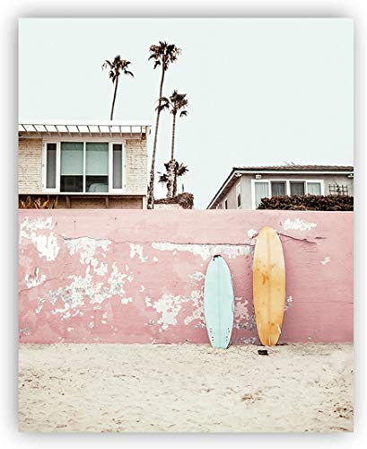 Vouoron Summer California Beach Palm Photo Wall Art Prints Retro Pink Car Surfboard Art Painting Set Of 3 (8”X10” Canvas Picture) Coastal Wall Art Poster For Bedroom Or Office, No Frame #TOP1
