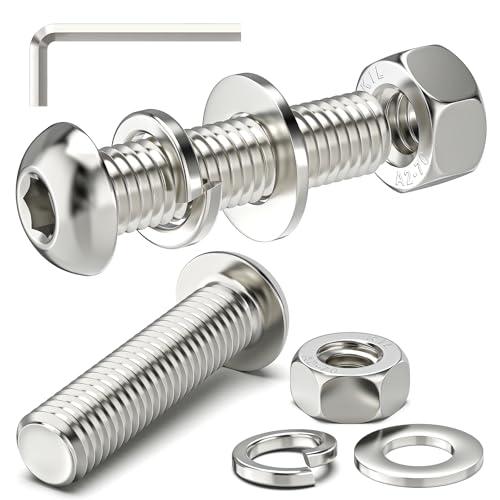 Image of Valorada 10Sets M10 Bolts and Nuts Set, M10 x 40mm Button Head Socket Bolts Screws and Nuts, Flat & Lock Washers, 304 Stainless Steel, Fully Threaded with Allen Key