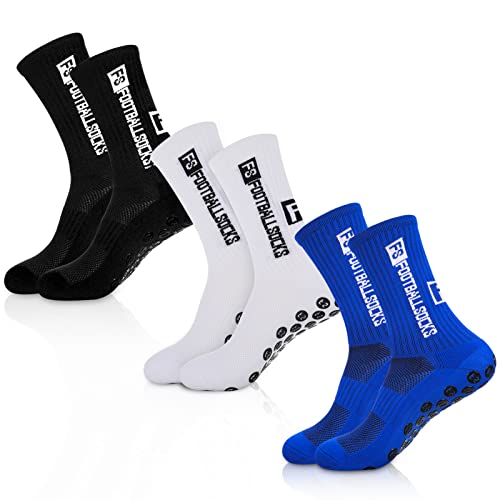 FANTESI 3 Paare Fußballsocken für Herren Damen, Sportsocken Fußball Anti Rutsch Grip Fußball Socken 35-39 Rutschfeste Sportsocken für Fussball Basketball Laufen, Weiß, Schwarz, Blau