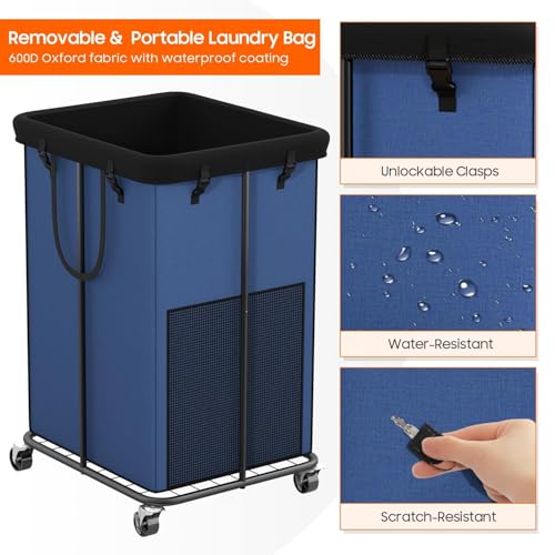 Image of 150L Laundry Hamper with Wheels, Rolling Laundry Basket with Metal Frame and Removable Bag, Large & Tall Dirty Clothes Hampers for Bedroom Aesthetic, Laundry Room, Bathroom, Dorm-Blue