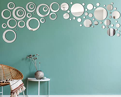 64 Pcs Removable Acrylic Mirror Setting Wall Sticker Adhesive Round Circle Mirror Tiles Decals Diy Hollow Mirror Wall Stickers For Living Room Bedroom Bathroom Decorations, Silver, 1.5-15 Cm Diameter #TOP8