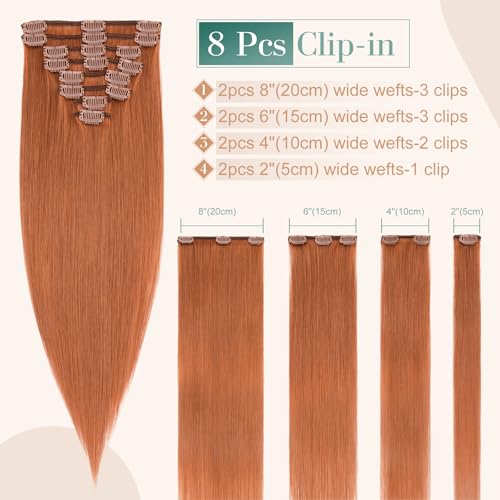 Image of Benehair 14inch 8pcs Clip in Hair Extensions Real Human Hair Clip on Hair Extensions Double Weft Remy Human Hair Extensions Soft Silky Straight Natural Hair Extensions Dark Auburn