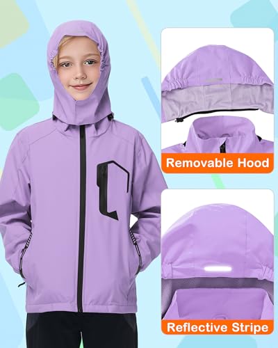 Image of Kids Rain Jacket Boys Girls Lightweight Raincoats Kids Outdoor Windbreaker Jackets with Detachable Hood