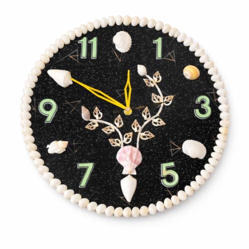 Image of Sea Shell Wall Clock Black | Decorative Coastal Ocean Theme Silent Non-Ticking Analog Clock for Home, Living Room, Bedroom & Office