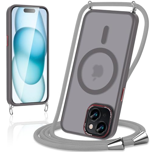 Votvloay Magnética Funda para iPhone 15 6,1' con Cuerda Compatible con MagSafe,Carcasa Translúcida Mate Trasera Antigolpes Case con Correa de Cuello Cadena Cordón para iPhone 15,Gris