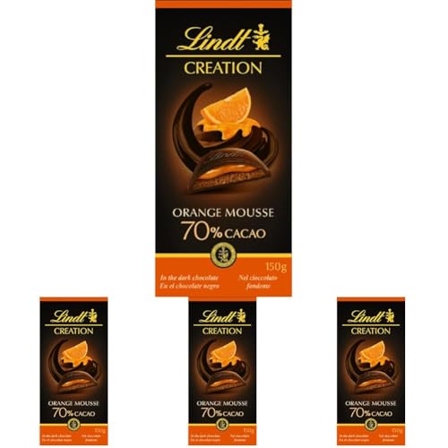 Lindt Creation – Tableta de chocolate negro 70% cacao con relleno de mousse y coulis de naranja, chocolate Lindt, 150 g (Paquete de 4)