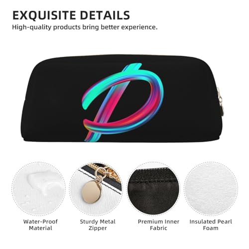 Image of Cute Initial Pencil Case for Kids Simple Leather Pencil Pouch for Boys Girls Letter Design Pencil Box Pen Bag Pencil Pouch Office Stationery Organizer, Rainbow Letter P