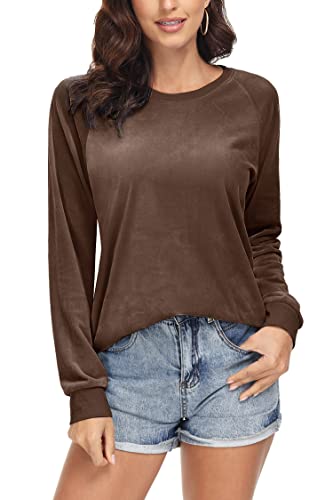 Tacvasen Women's Crewneck Sweatshirts Stylish Tunics Tops Velour Lightweight Pullover, Coffee, 2Xl #TOP1