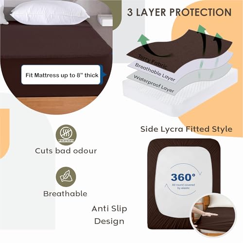 Image of Ayka 100% Waterproof Cotton Terry Mattress Protector Single Size Breathable Hypoallergenic Noiseless Ultra Soft Fitted Bed Protector 78x36 inch Mattress Cover /Bed Cover (Brown, Single (78 * 36 inch))